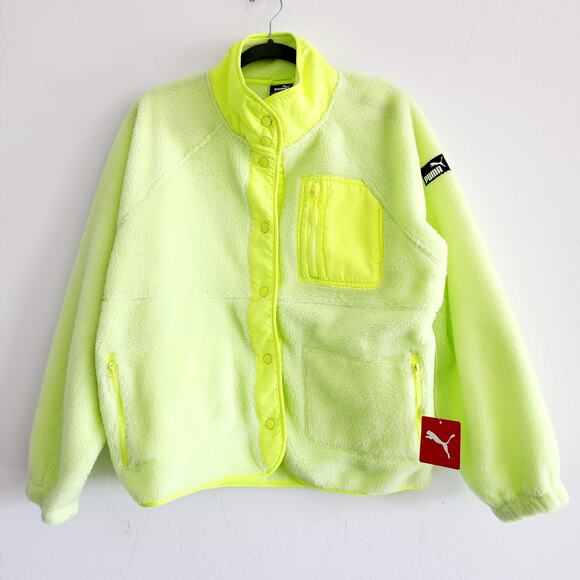 Puma Neon Yellow Button Down Sherpa Fleece Jacket w Pockets Woman's Size Medium - Picture 1 of 5